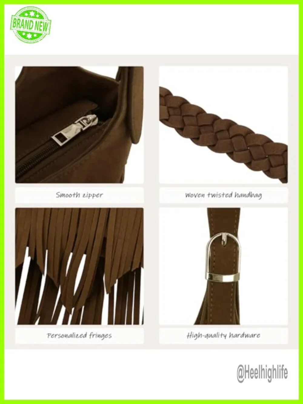 Vegan Faux Suede Leather Fringe Tassel Woven Hobo Shoulder Bag